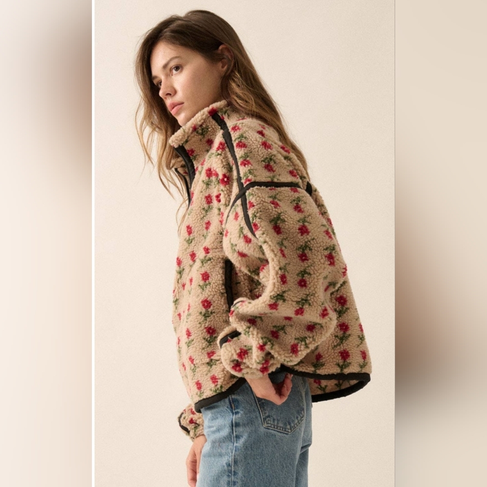 Promesa Floral Print Fleece Half Zip Pullover Jacket - Picture 2 of 10